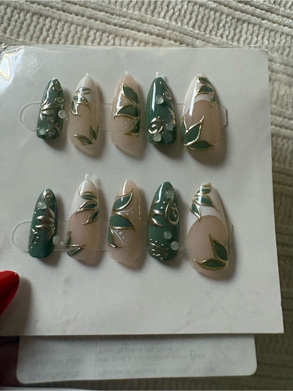 Green and Nude Press-On Nail Set with Gold Leaf Accents Size Medium
